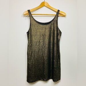 EILEEN FISHER Tank Top Foil Printed Linen Jersey Scoop Neck Shell Black Gold